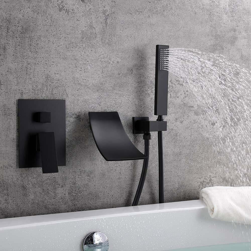 Waterfall Wall-Mount Tub Faucet with Handheld Shower Head Chrome Spout Bathtub Hand Solid Brass Wall Mount Filler for Bathroom