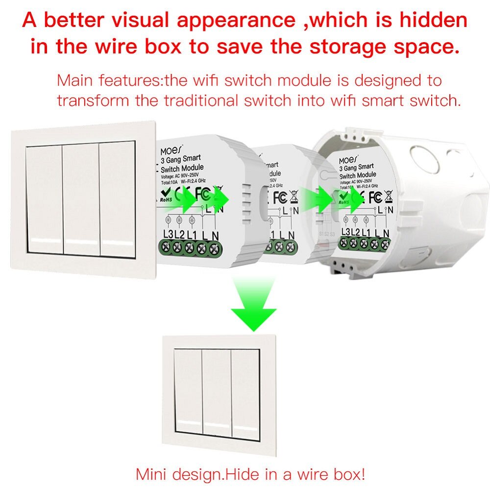 Mini WiFi Smart Light Switch 3 Gang 1/2 Way Module Smart Life/Tuya App Control for Amazon Alexa and Google Home