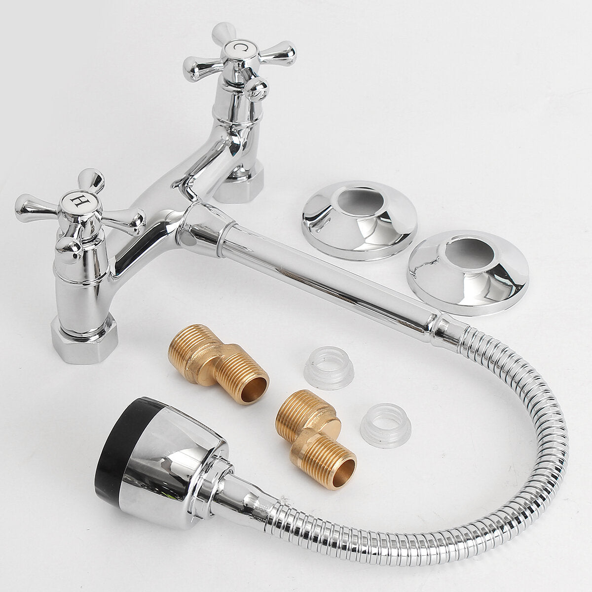 Kitchen Sink Faucet Hot Cold Mixed Taps Stretchable Shower Spray Type Wall Mount Bathroom