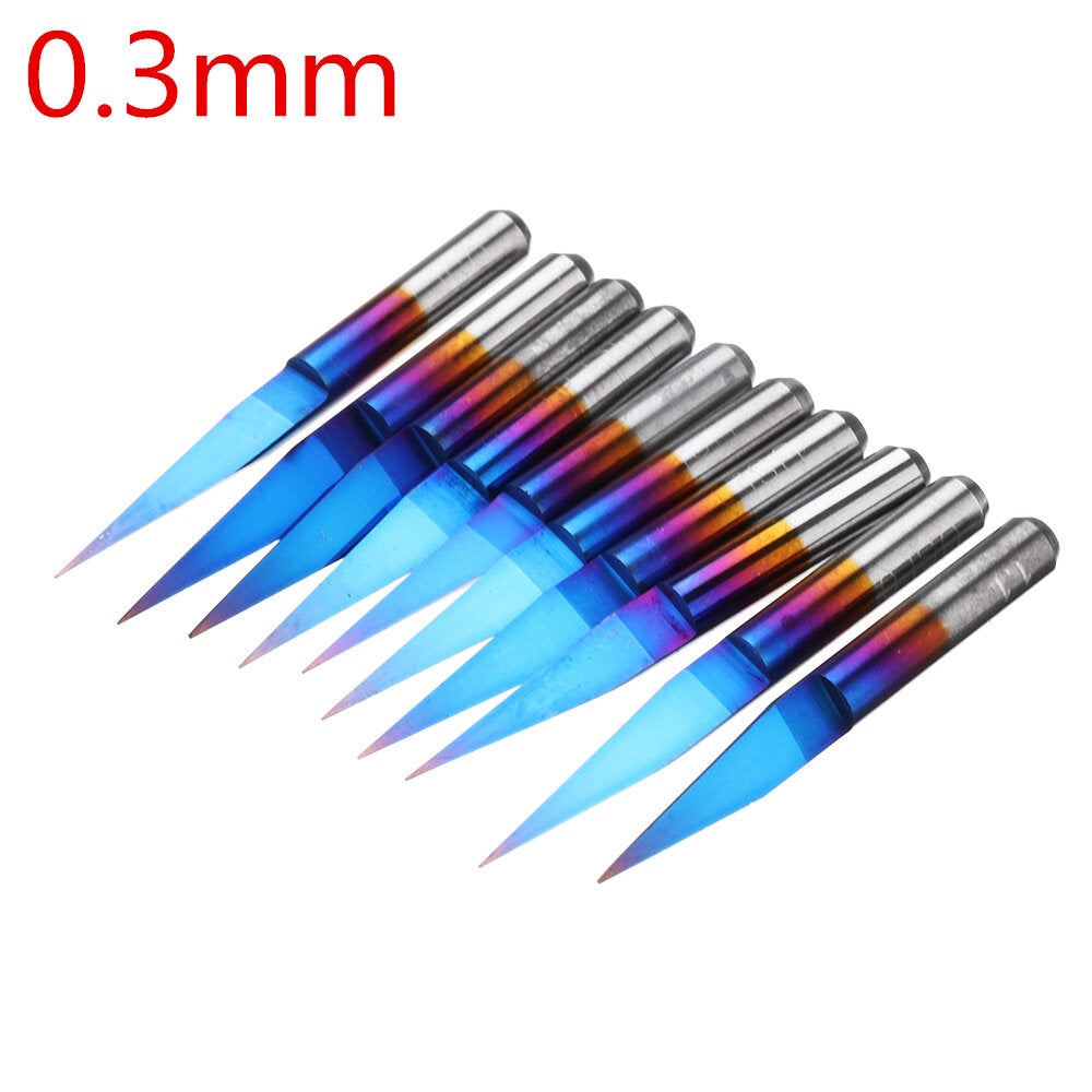 10pcs 0.1/0.2/0.3mm 15 Degree Blue Nano Coated Carbide Engraving Bit Flat Bottom PCB Engraving Bit CNC Router Tool