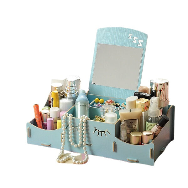 Creative Diy Wooden Cosmetic Storage Box Desktop Storage Container With Mirror Desktop Organizer