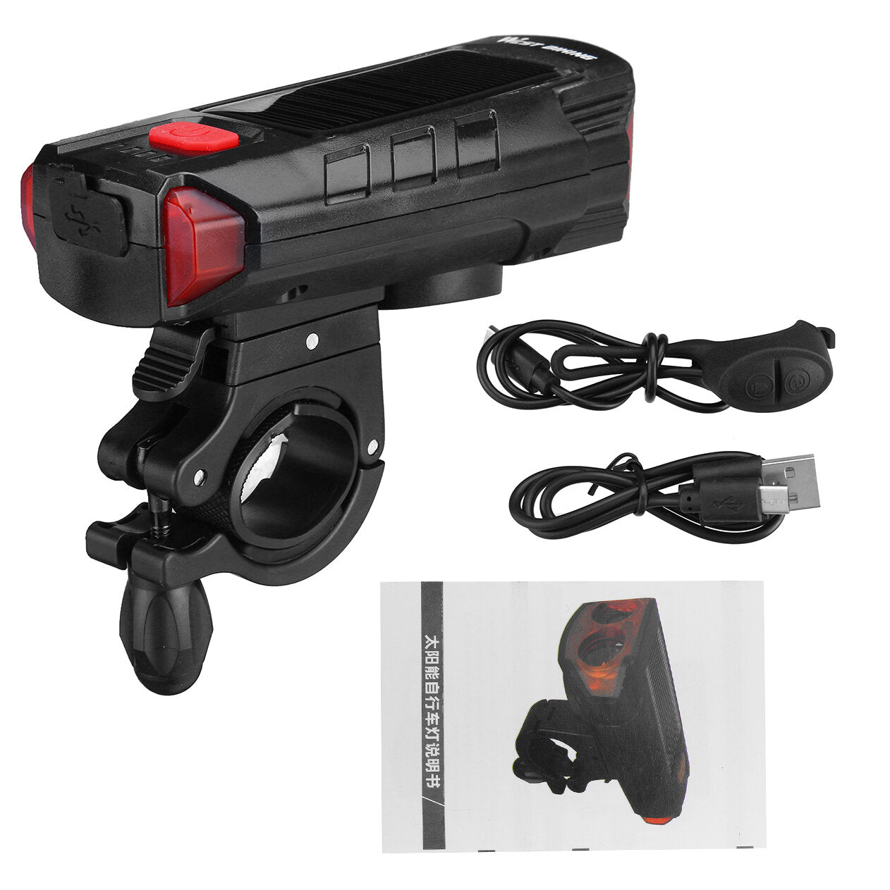 350LM 2xT6 LED Bike Headlight 5 Modes Bicycle Solar Front Light 6 Modes 120 dB Horn USB Rechargeable Waterproof Flashlight