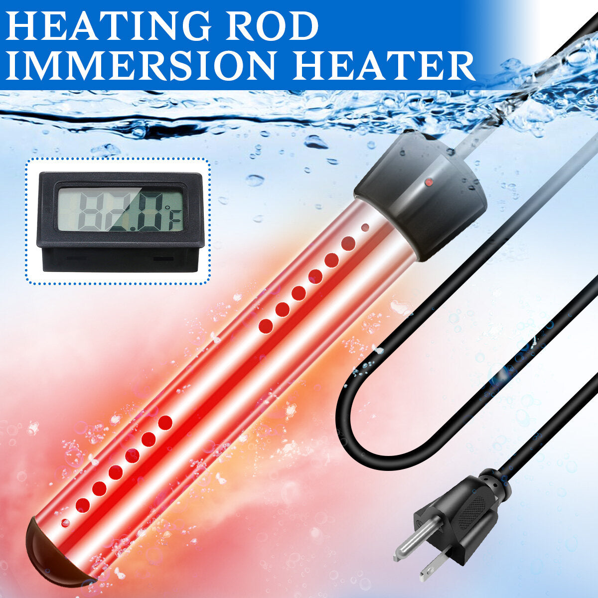 1500W Immersion Electric Heater Portable Stainless-steel Cover Submersible Water Heater with Digital Thermometer for Inflatable Pool Bathtub