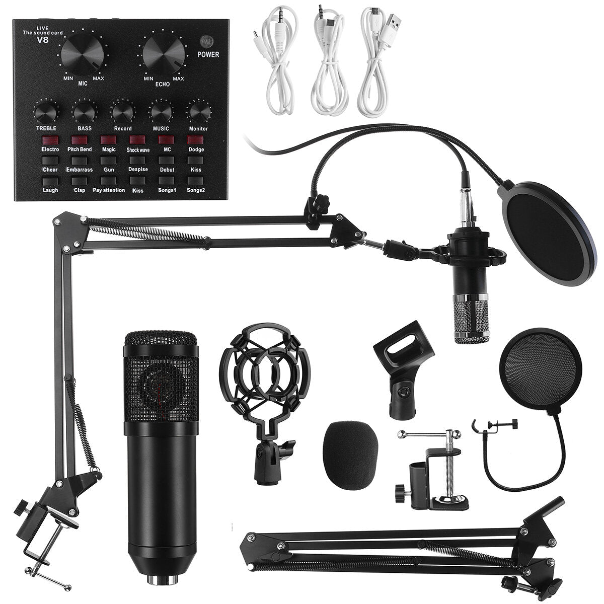 9in1 Condenser Microphone Kit Live Sound Card Stand Shock Mount Professional Mic Set for Broadcast Singing K Songs