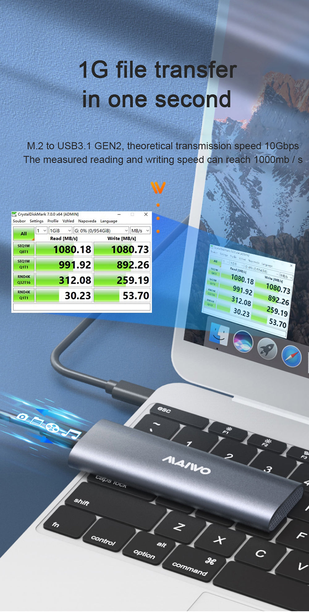 M.2 Dual Protocol NVME SATA Hard Drive Enclosure 10Gbps Type-C USB3.1 GEN2 SSD Hard Disk Box