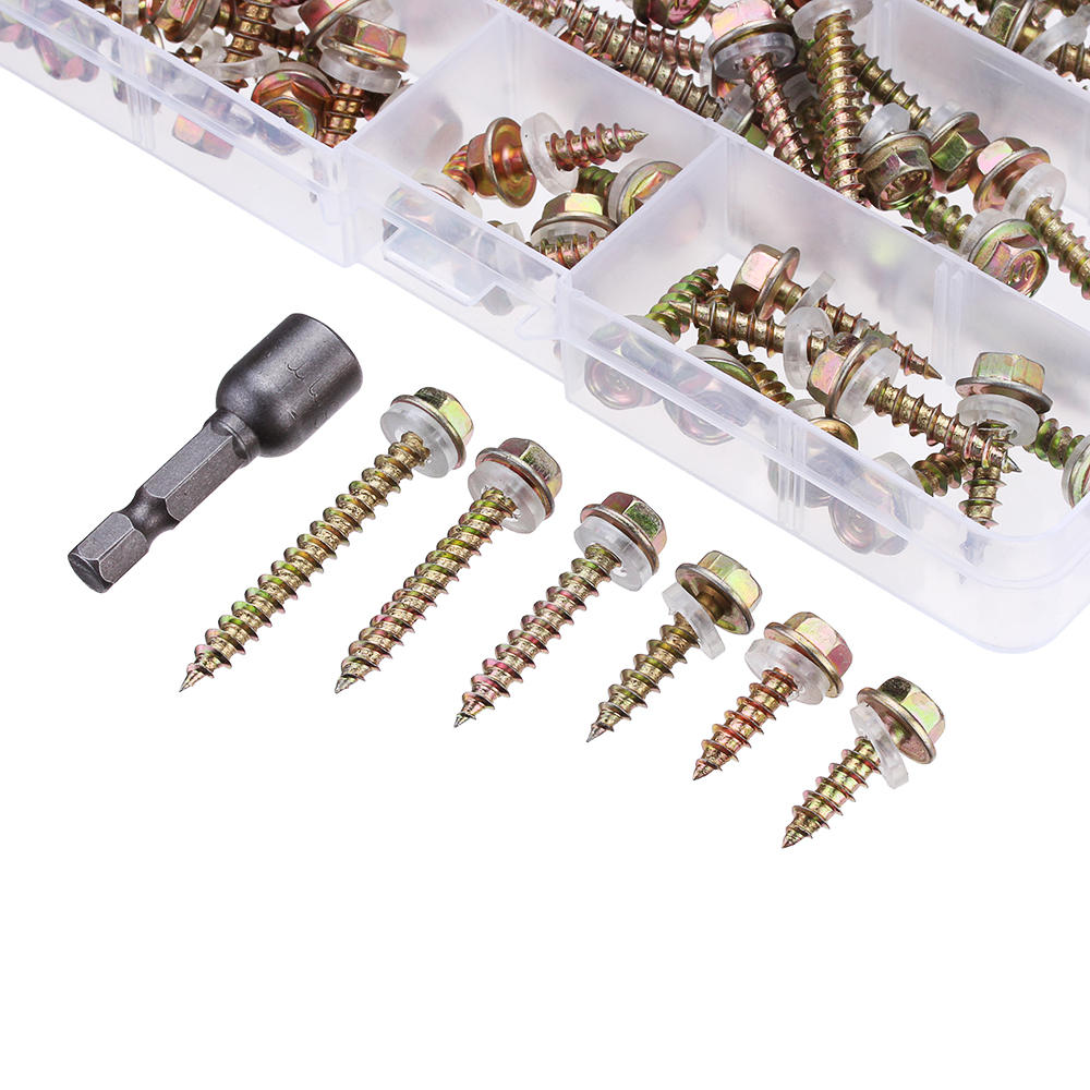 60Pcs M5 Colored Hex Drive Washer Head Screw 19-50mm Self Tapping Wood Bolt w/ 2Pcs Sockets Kit