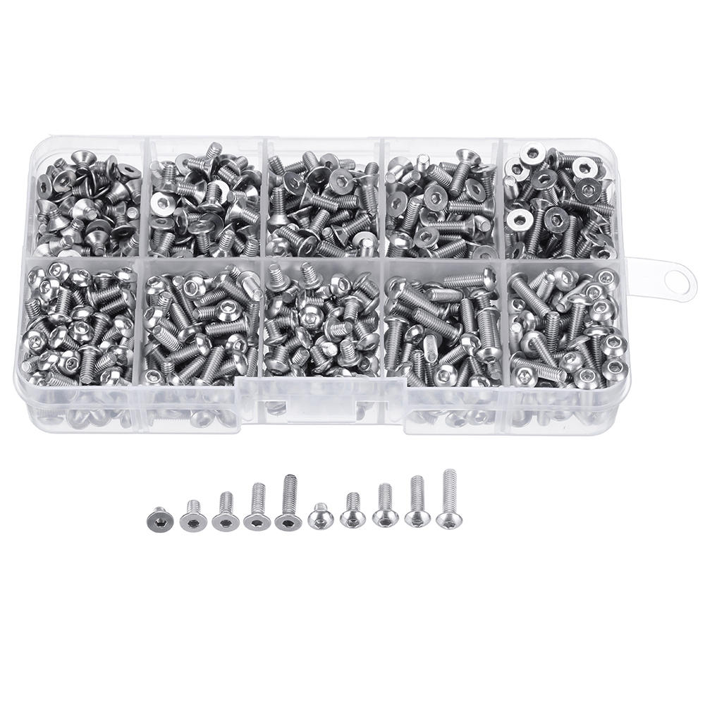 M3SH9 700Pcs M3 304 Stainless Steel Machine Screw Hex Socket Flat&Button Head Bolt Assortmen