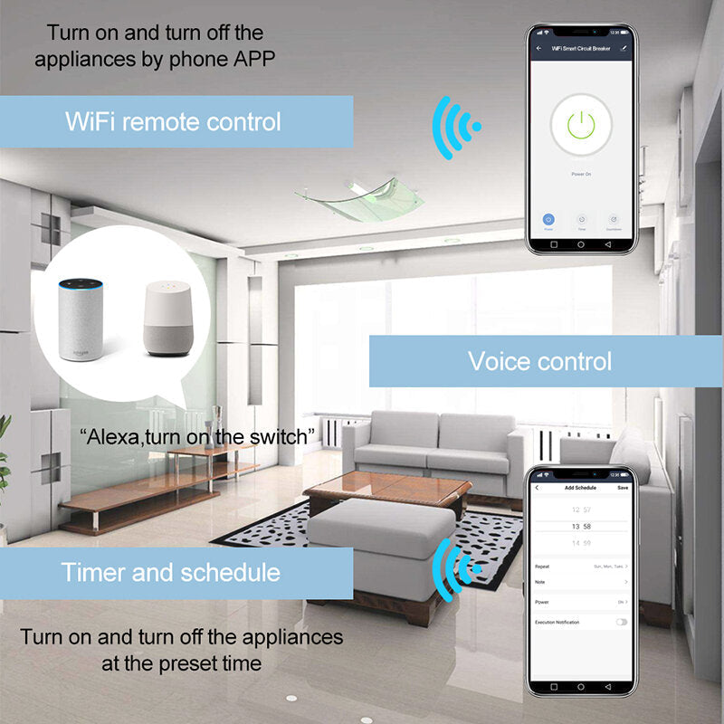 WIFI Smart 2P 63A 220V Circuit Breaker Electrical Energy Meter Power Air Switch Timer Works with Google Alexa