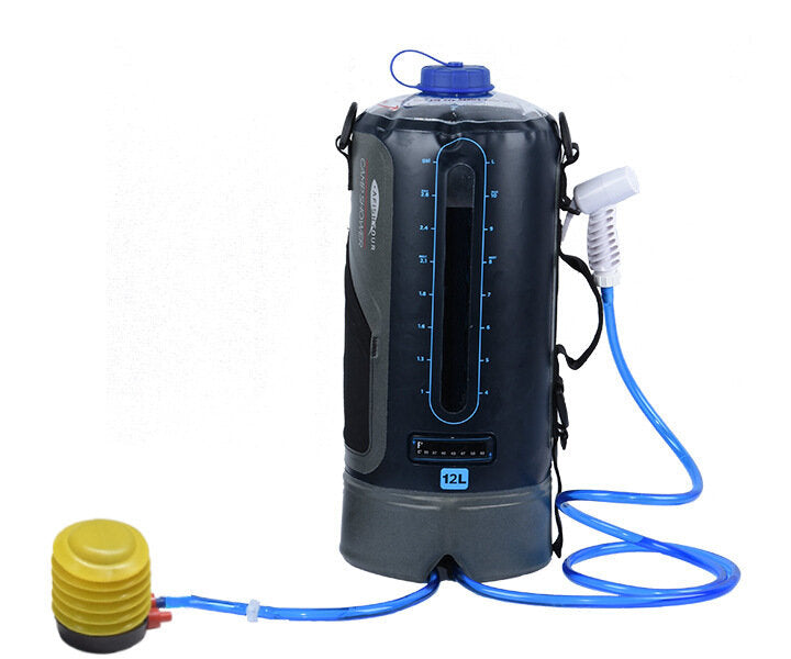 12L Camping Shower Bag Solar Heating Car Motorcycle Washer with Foot Pump Shower Nozzle for Travel Hiking Beach Swimming