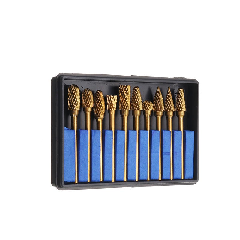 10Pcs Titanium Coated Tungsten Carbide Burr Rotary Drill Bits 1/8 Inch Shank Cutter Files