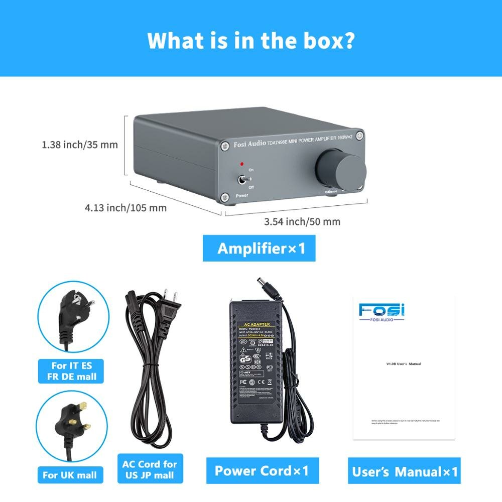 2 Channel Stereo Amplifier Mini Hi-Fi Class D Integrated Amp for Passive Speakers 160W x + 24V Power Supply
