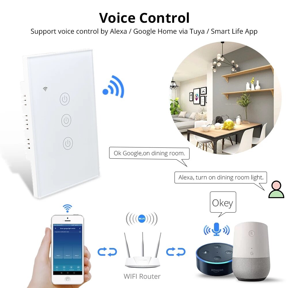 WiFi Light Switch Neutral Optional Wire 1 2 3 Gang Alexa Google Home Assistant Control 220v 240V