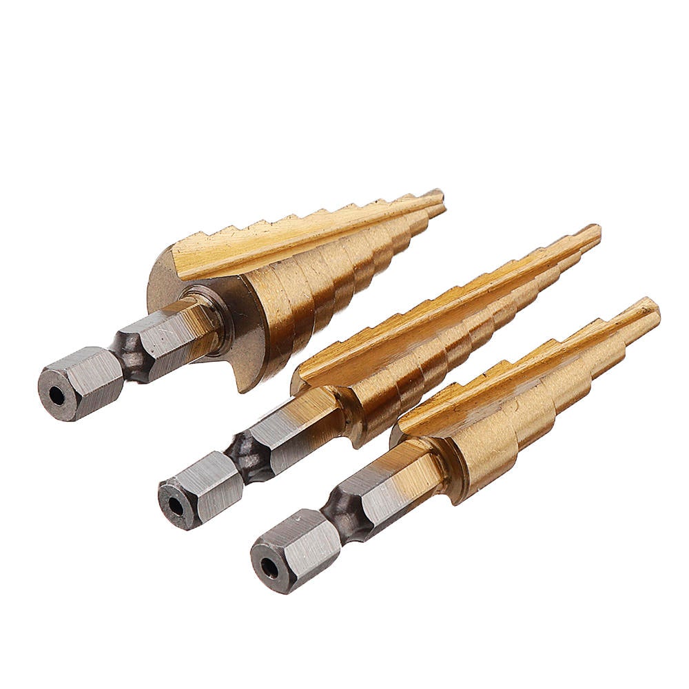 4pcs HSS Titanium Coated Step Drill Bit with Automatic Center Pin Punch 3-12/4-12/4-20mm Step Drill