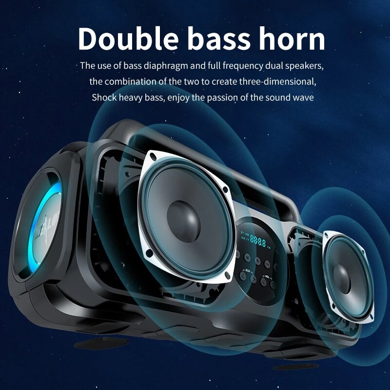 Bluetooth Speaker Double Bass Drivers Karaoke Microphone Colorful Light FM Radio TF Card AUX Music 40W Center Portable Speaker