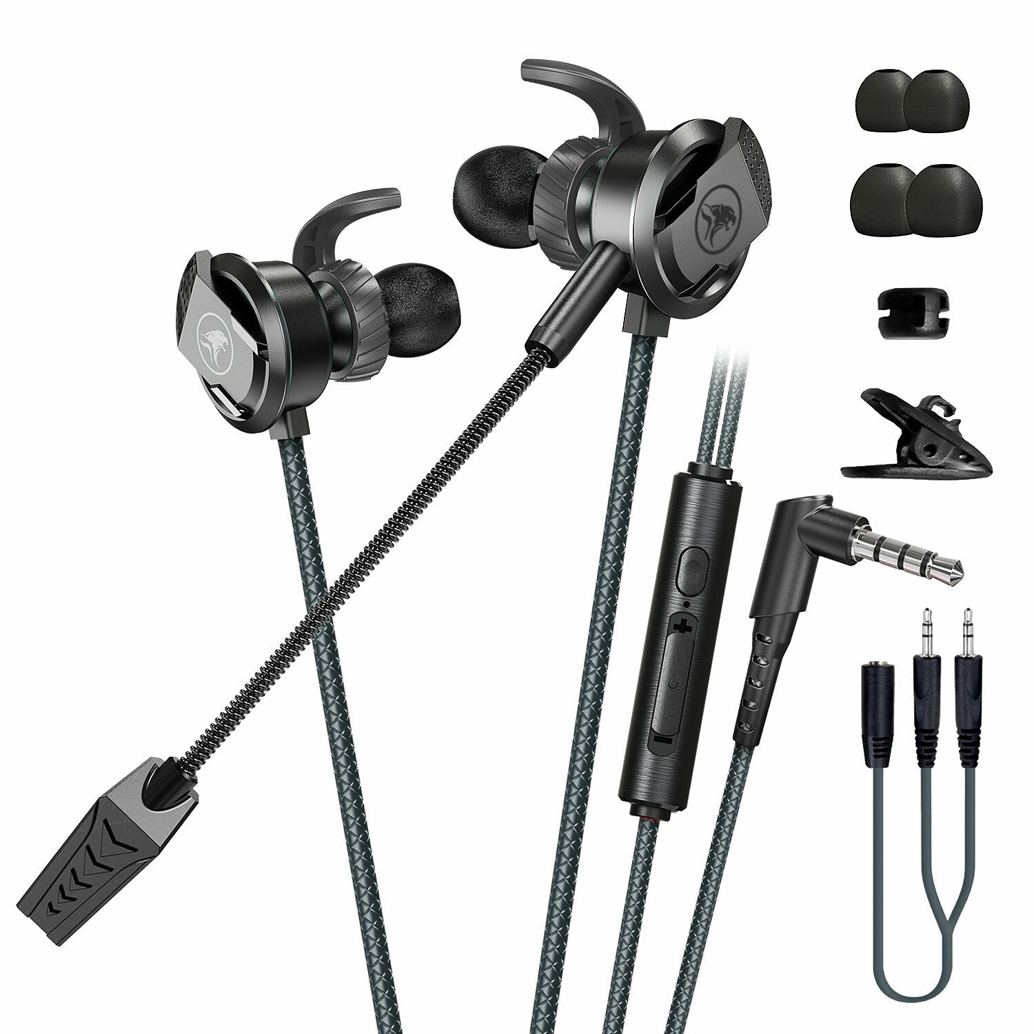 In-Ear Gaming Headset Dual Microphone Super Bass Headphone Active Noise Reduction with Detachable HD Long-Microphone
