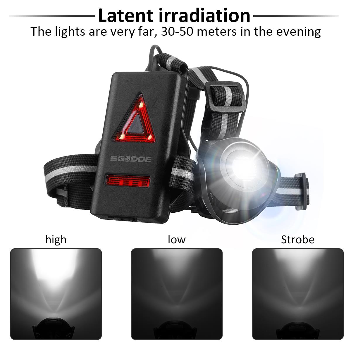 LED Headlamp Fishing Headlight Bike Running Light Waterproof With 120 Adjustable Beam Safety Warning Belt With Rechargeable Battery