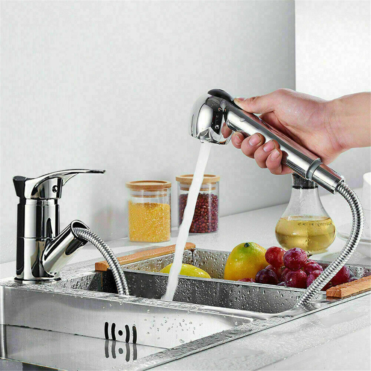 Kitchen Sink Faucet Pull Out Spray Head Single Lever Chrome Mono Brass Tap