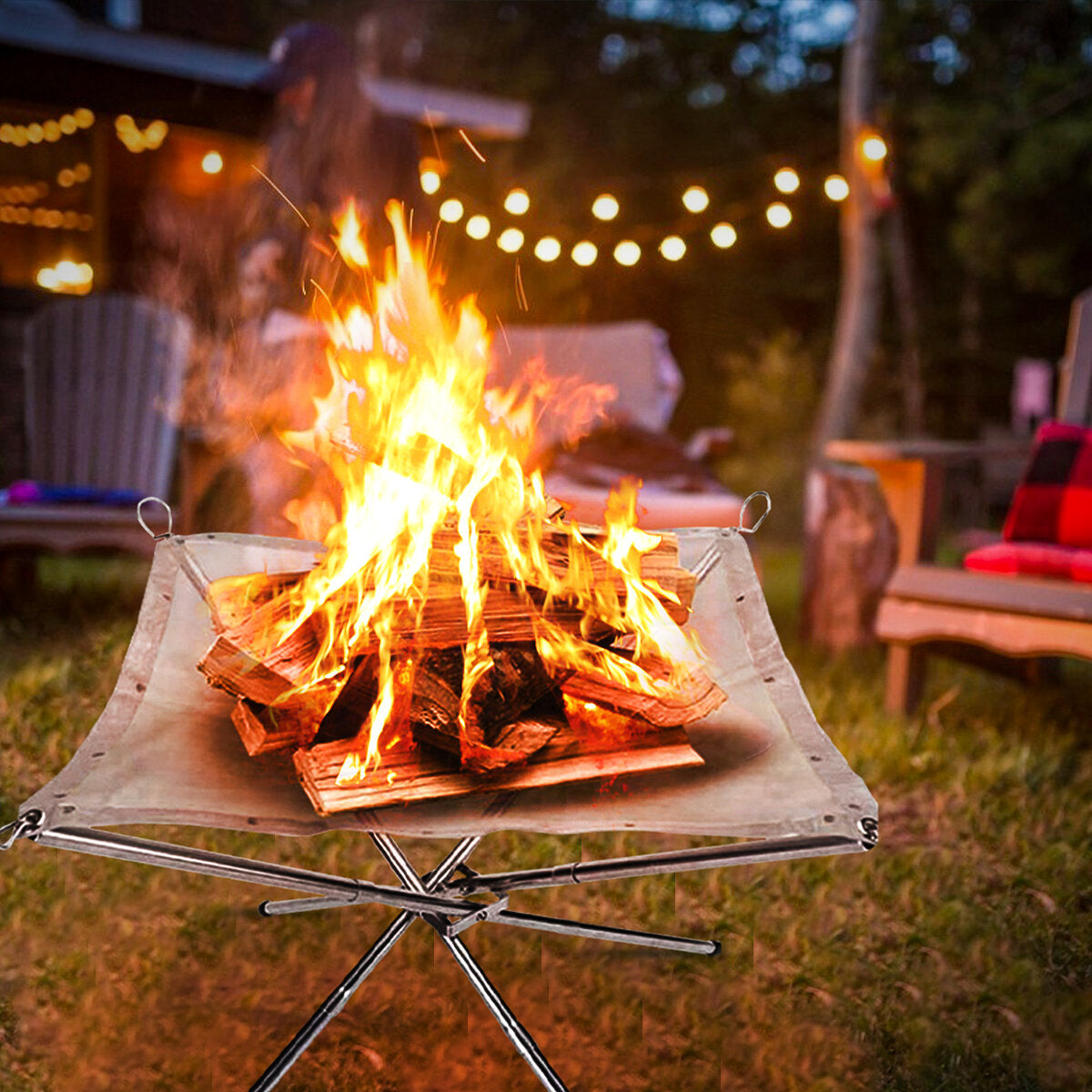42x42x32cm Portable Fire Pit Outdoor Camping Small Size Collapsing Steel Mesh Fireplace Foldable Camping Backyard Beach Wood Burning Barbecue