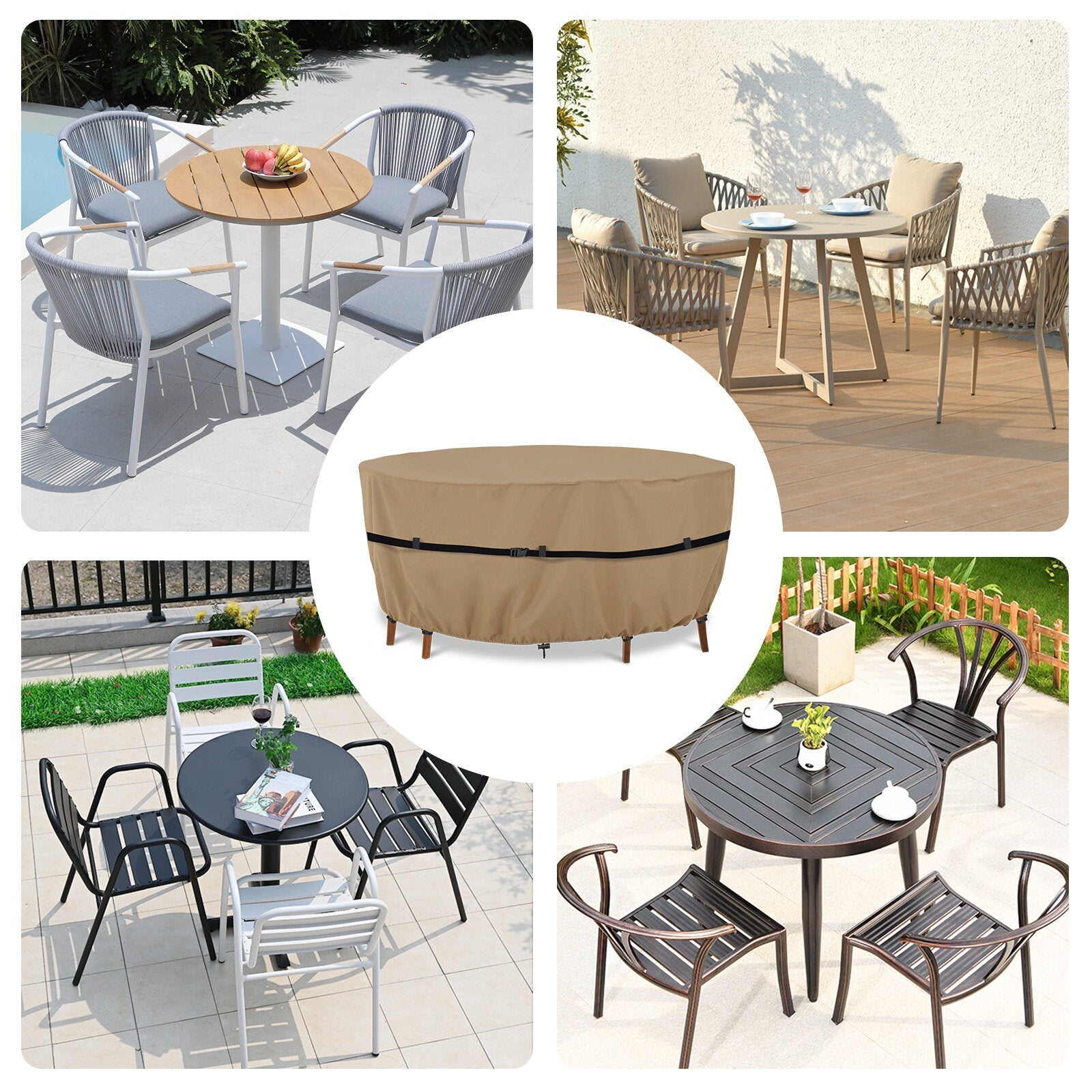 Round Outdoor Furniture Cover Waterproof Patio Furniture Cover Tear-Resistant Durable Windproof Dustproof Outdoor Cover