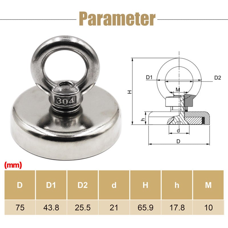 300KG D75mm Neodymium Recovery Magnet Fishing Treasure Metal Detector with 20 Metre Rope