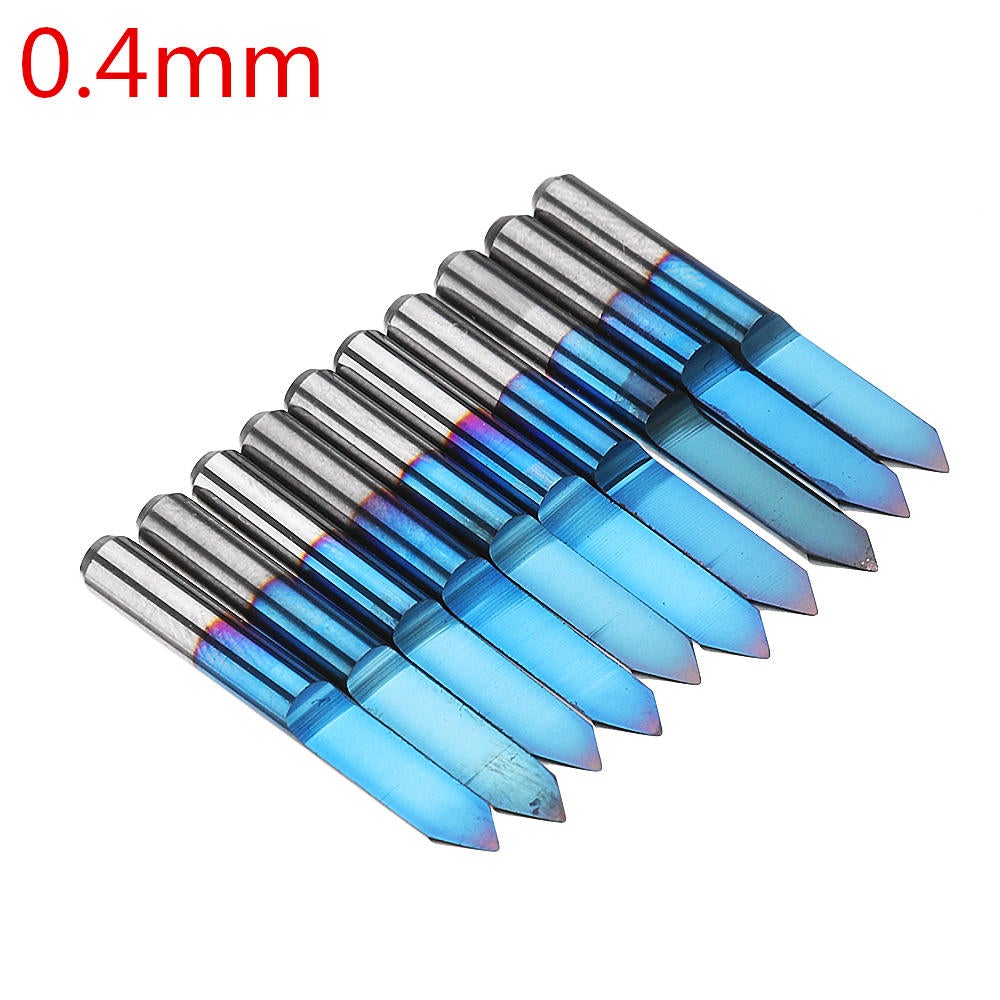 10pcs 0.1/0.2/0.3/0.4mm 60 Degree Engraving Bit Flat Bottom PCB Engraving Bit Blue NANO Coated Carbide CNC Router Tool