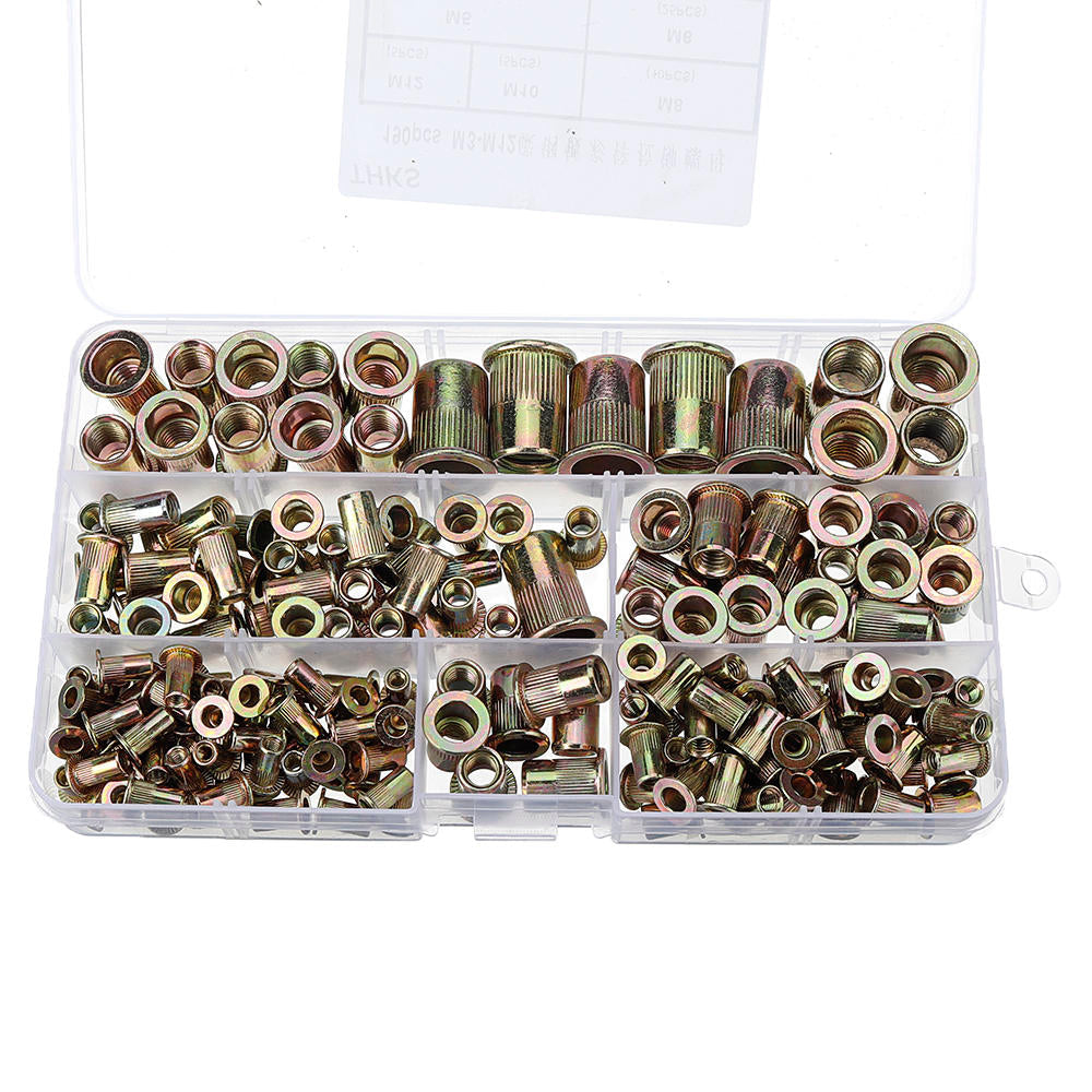 190Pcs M3/M4/M5/M6/M8/M10/12 Carbon Steel Zinc Plated Rivet Nut Threaded Countersunk Head Insert Nut Tool Kits