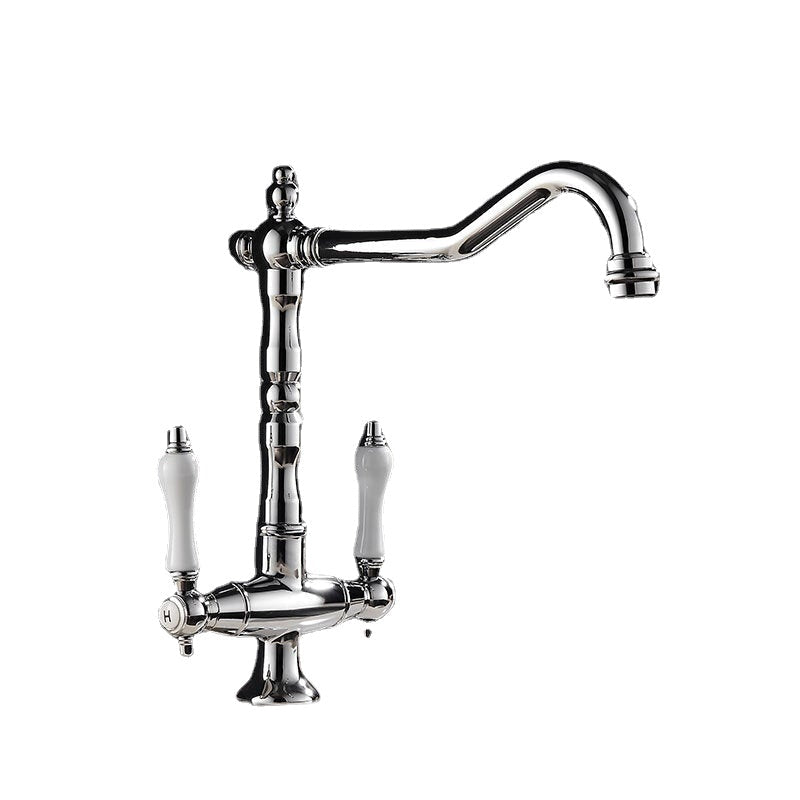 Dual Handle Kitchen Faucet Deck Mounted Single Hole Hot Cold Water Mixer Crane Kitchen Sink Faucets Chrome