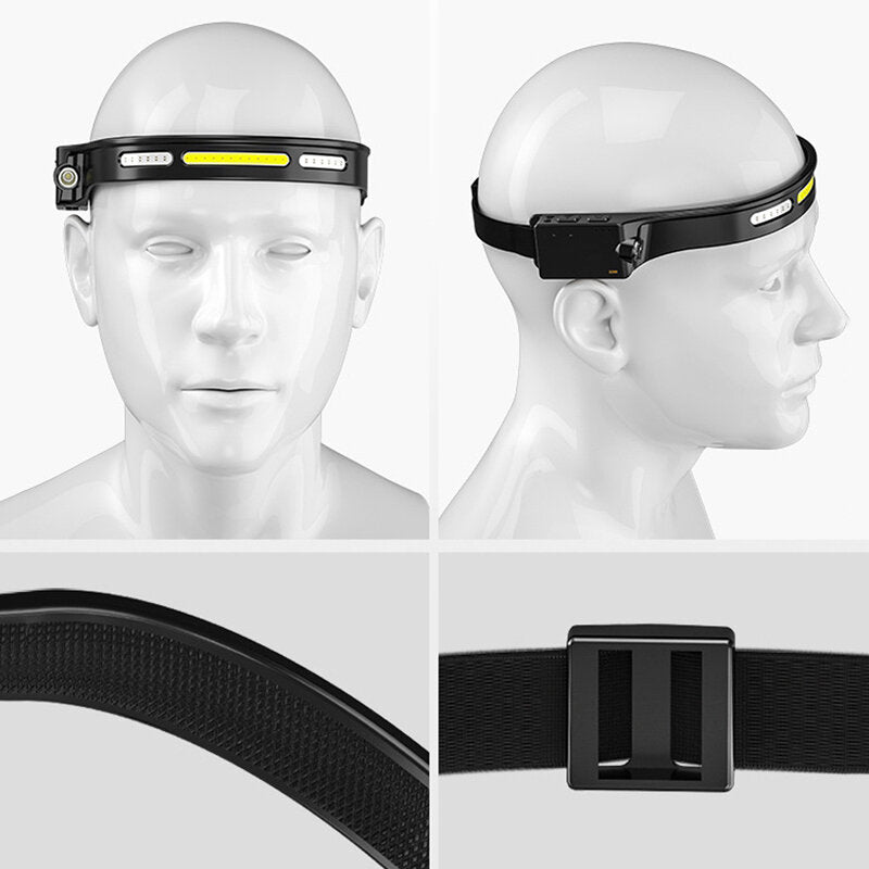 COB Head Lamp 6 Modes USB Rechargeable Brightness Sensable Double Light Waterproof Lightweight Outdoor Headlamp