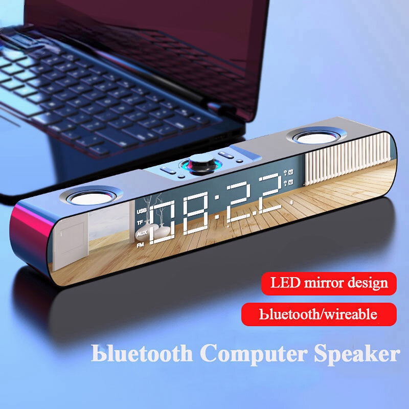 Bluetooth 5.0 Speaker Stereo Subwoofer Bass Four-Units Noise Reduction FM Radio TF Card AUX-In Alarm Clock 1500mAh LED Mirror Display Soundbar