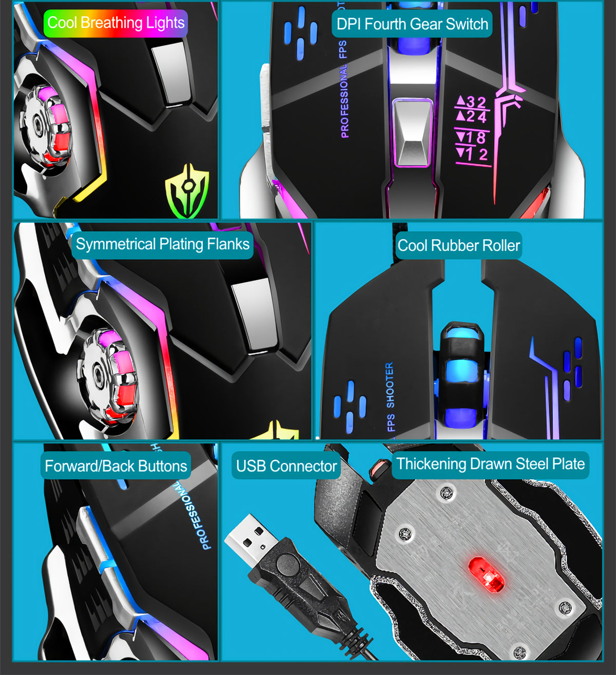 Wired Gaming Mouse Metal Base 800-3200DPI 4 Colors Breathing Backlight Ergonomic Home Office Mice for Desktop Computer Laptop PC