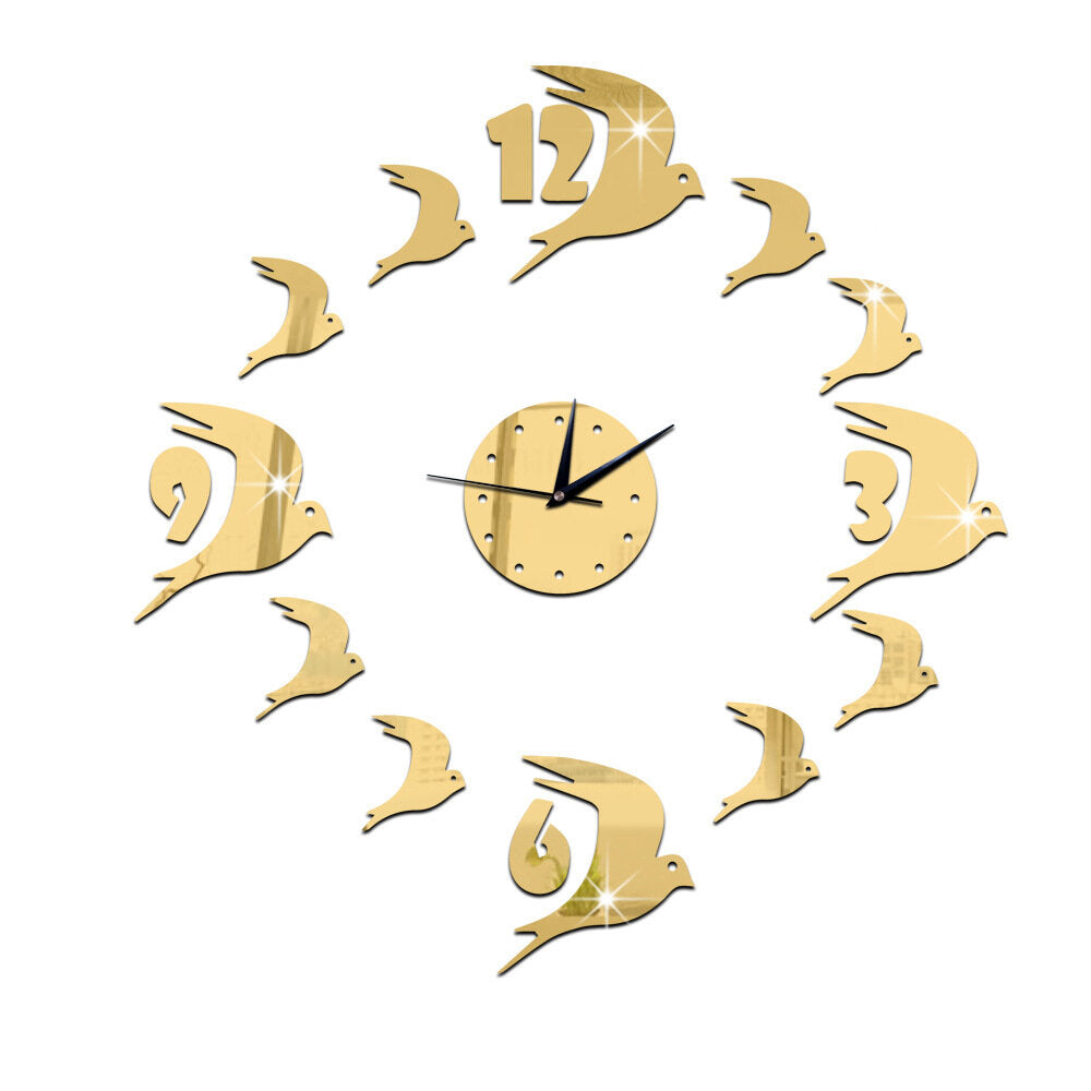 Diy Swallow Bird Crystal Acrylic Mirror Wall Clock Stereo Silent Quartz Clock Wall Sticker