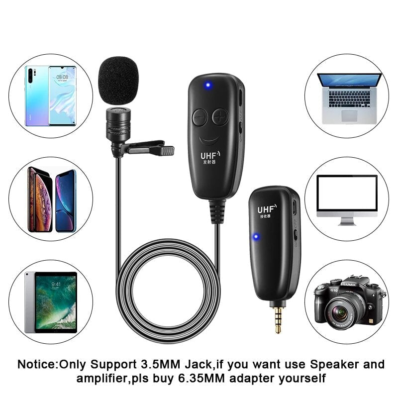 UHF Wireless Lavalier Microphone with Lapel Mic Transmitter & Receiver for Computer Speaker Phone DSLR Camera