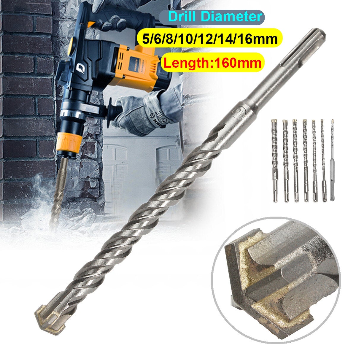 5-16mm Concrete Drill Bit 160mm Length Double SDS Plus Slot Masonry Hammer