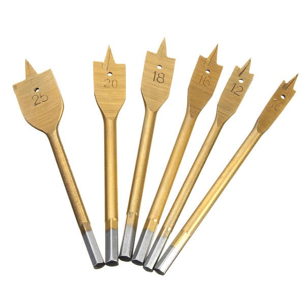 6Pcs 10-25mm Flat Wood Drill Bit Set 1/4 Inch Shank HSS Bits Titanium Coated