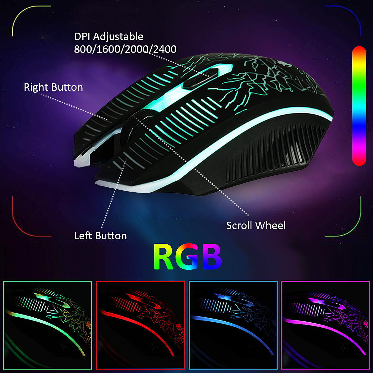 4Pcs Gaming Combo Kit 104 Keys Rainbow Backlit Keyboard Adjustable 2400DPI Mouse Wired RGB Lighting Headset with Anti-Slip Mouse Pad