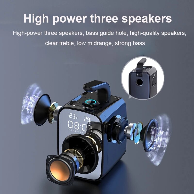 Portable Bluetooth 5.0 Speaker LED Clock Display Mirror Hi-Fi Super Bass FM Raido High Powerful Boombox Hi-Fi Sound Loudspeaker
