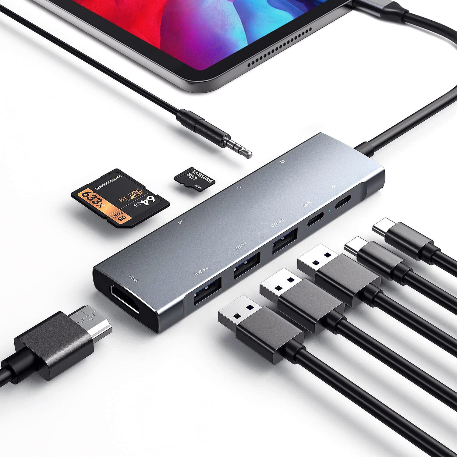9-in-1 Power Delivery Docking Station Adapter 60W USB-C PD3.0 With 4K 30Hz HD Display Data Transfer Port 3.5mm Audio Jack USB 3.0/2.0 Card Readers