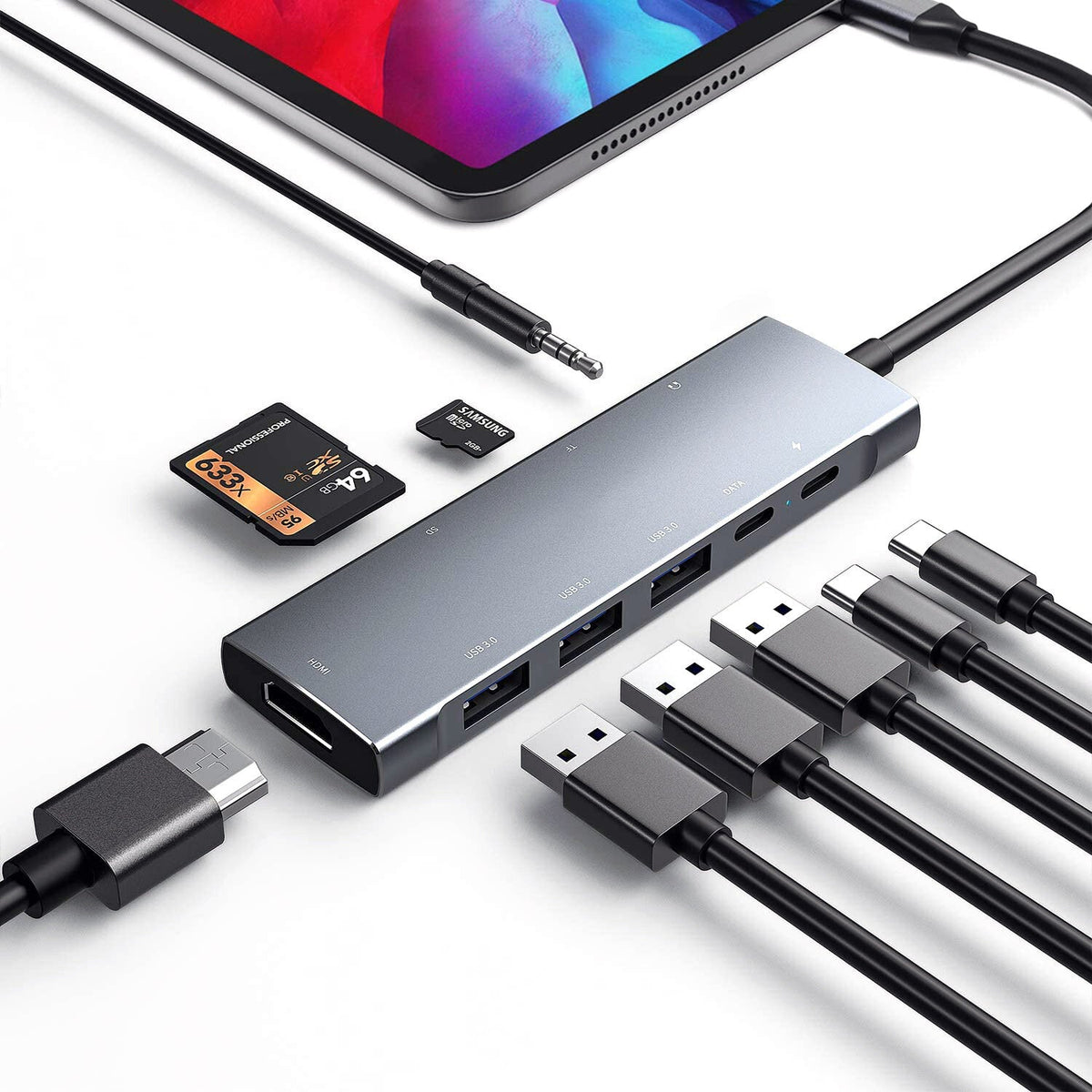 9-in-1 Power Delivery Docking Station Adapter 60W USB-C PD3.0 With 4K 30Hz HD Display Data Transfer Port 3.5mm Audio Jack USB 3.0/2.0 Card Readers