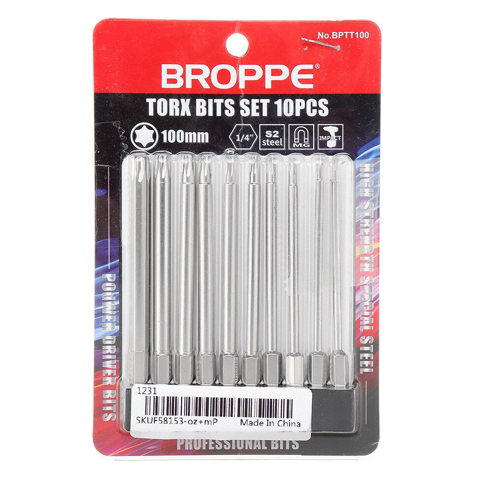 10Pcs S2 Alloy Steel T6-T40 100mm Magnetic Torx Screwdriver Bits 1/4 Inch Hex Shank