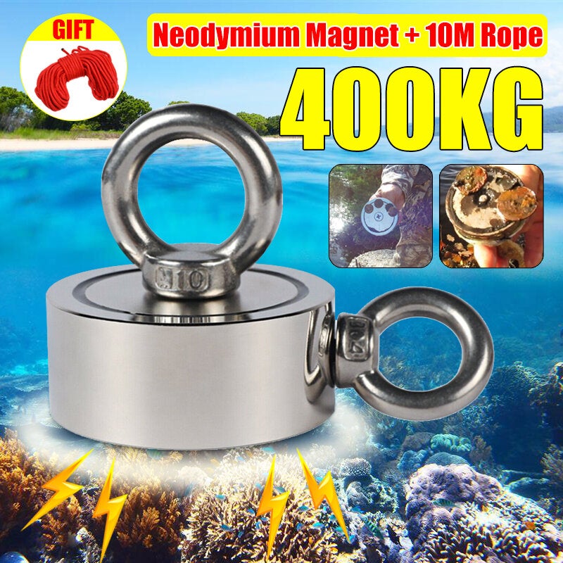 Double Side 75mm 400KG Neodymium Recovery Magnet With 10m Rope Salvage Tool Strong Fishing Kits