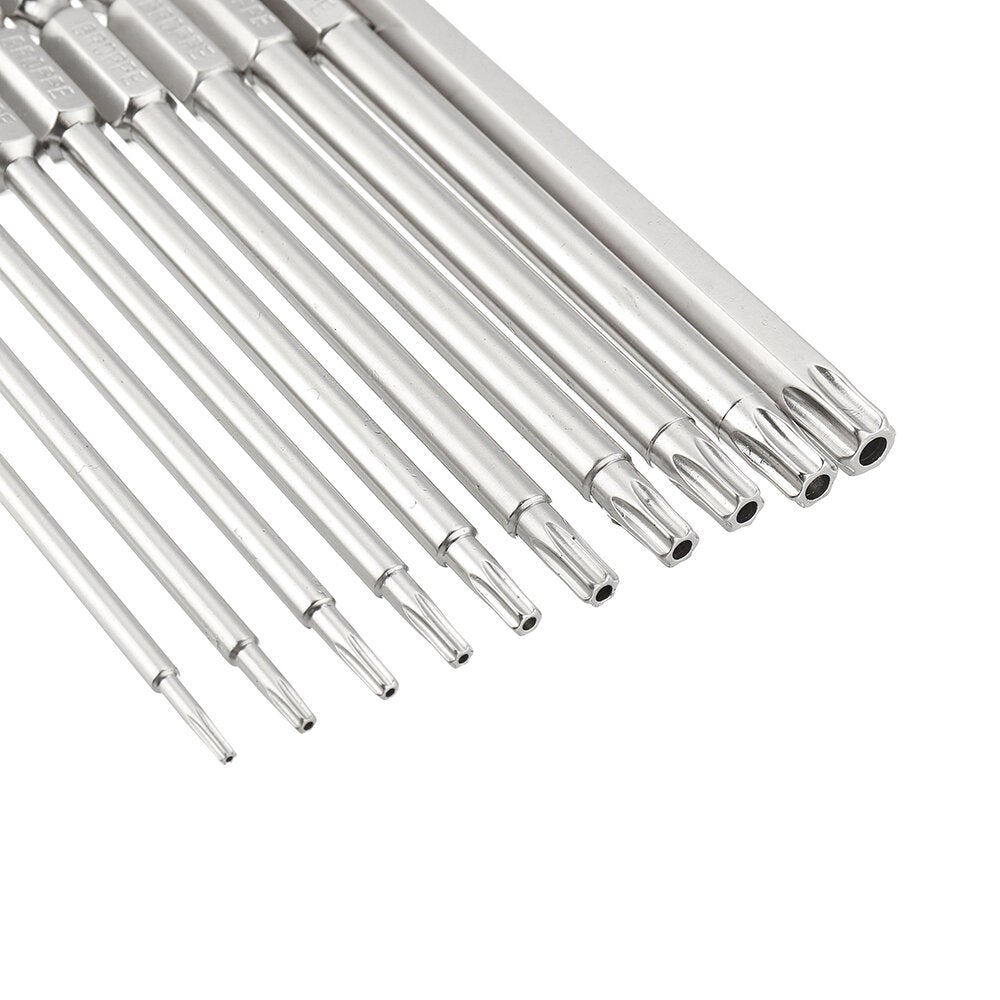 10Pcs S2 Alloy Steel T6-T40 100mm Magnetic Torx Screwdriver Bits 1/4 Inch Hex Shank