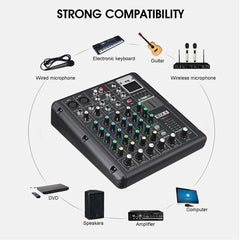 6 Channel Bluetooth DJ HD Mic Audio Mixer Control LED Digital Display Music Stream with USB Interface