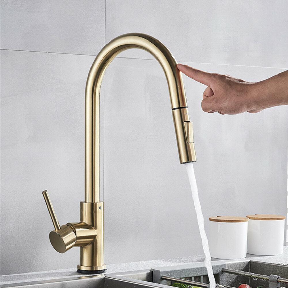 Brushed Gold Stainless Steel Kitchen Sink Faucets Mixer 360 Rotation Smart Touch Sensor Pull Out Hot Cold Water Tap Crane