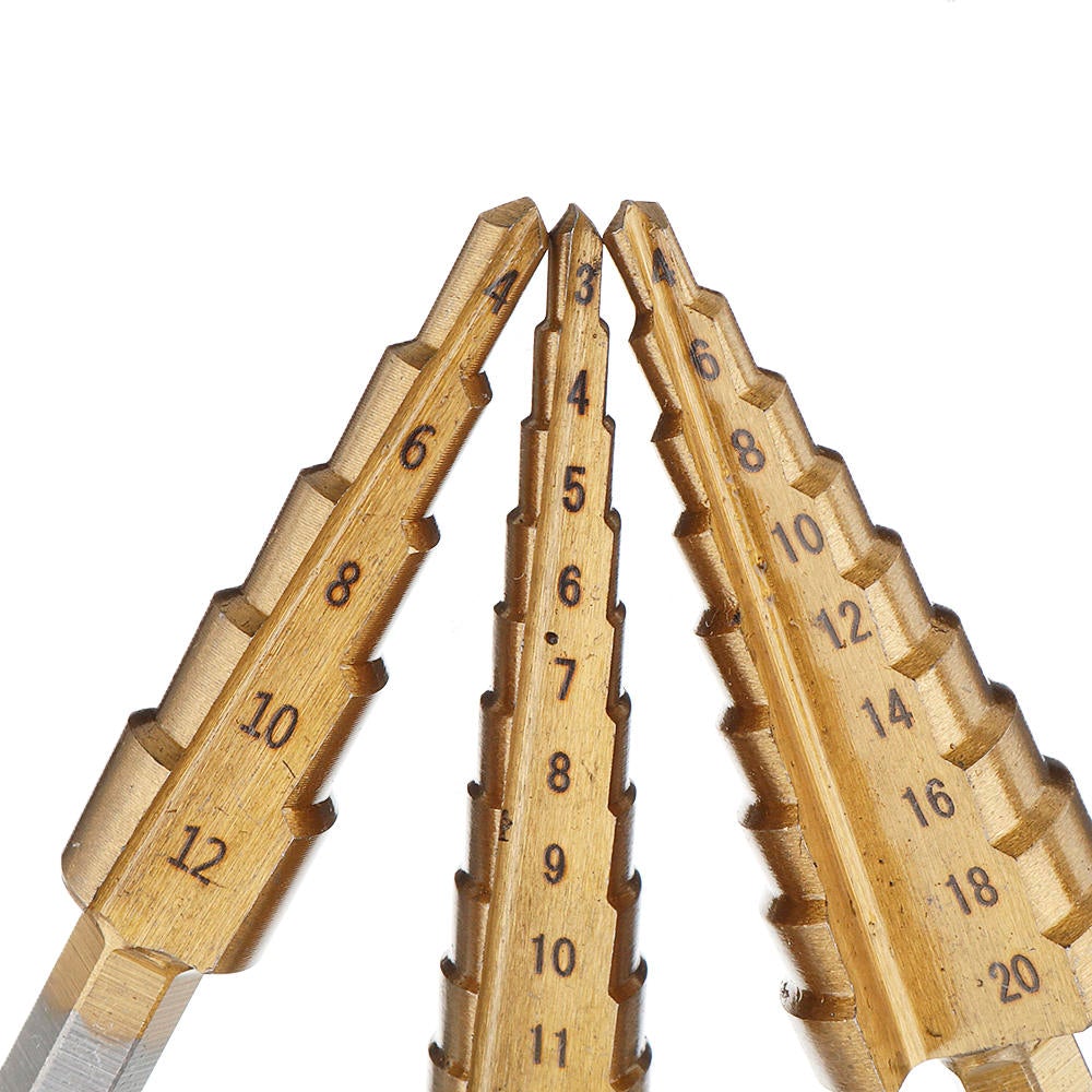 4pcs HSS Titanium Coated Step Drill Bit with Automatic Center Pin Punch 3-12/4-12/4-20mm Step Drill