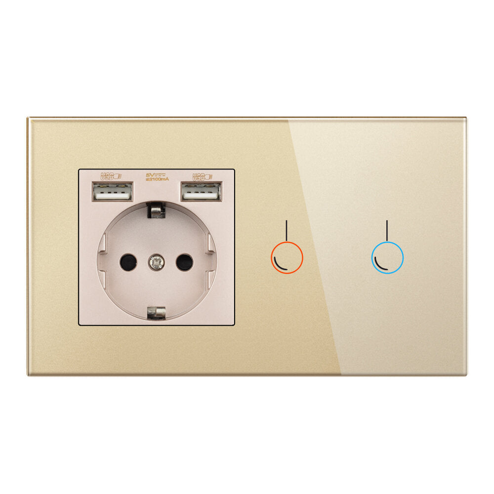 EU Touch 146*86mm 220V 16A Sensor Switch with Socket with USB Crystal Glass Panel Wall Socket with 2 Gang Light Switch