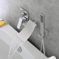 Waterfall Wall-Mount Tub Faucet with Handheld Shower Head Chrome Spout Bathtub Hand Solid Brass Wall Mount Filler for Bathroom