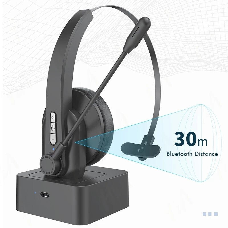 Single Ear Headset Bluetooth Headphone Noise Cancelling Head-mounted Headphone with Microphone for Cell Phones PC Tablet