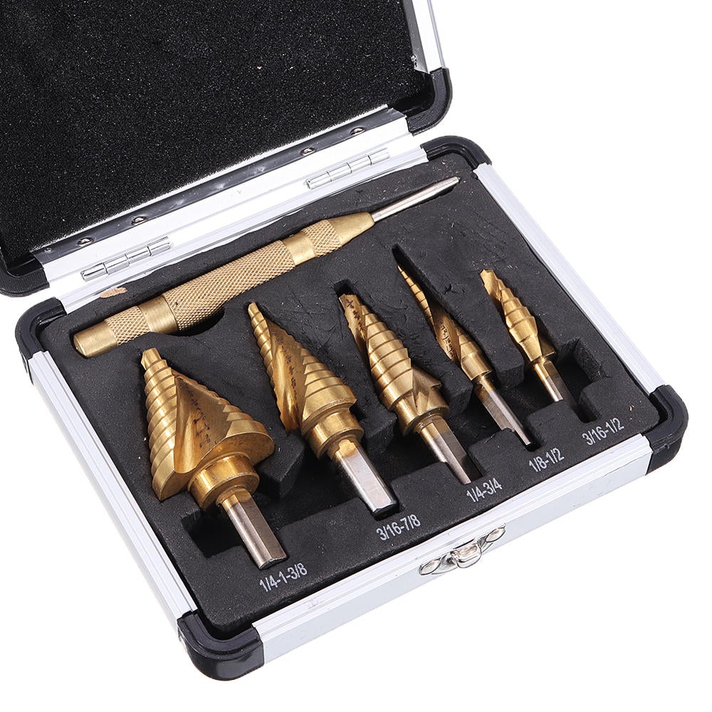 6pcs 1/8 to 1-3/8 Inch Step Drill Titanium Spiral Grooved Step Drill Bit Set with Automatic Center Punch and Aluminum Case
