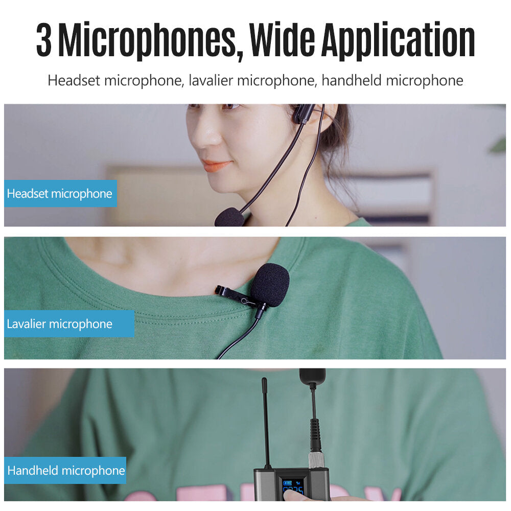 UHF Wireless Lavalier Microphone 50m Mic Handheld + Headset for Live Stream Teaching Recording