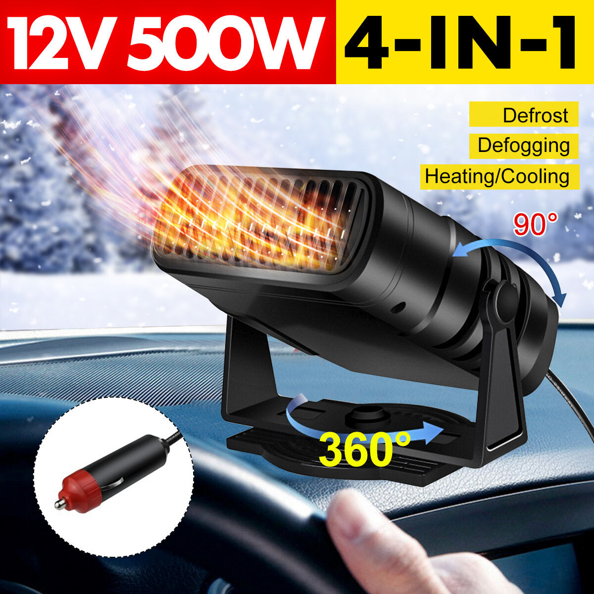 12V 24V 500W 360 Degree Portable Car Truck Air Heater Cooling Fan Windscreen Defogging